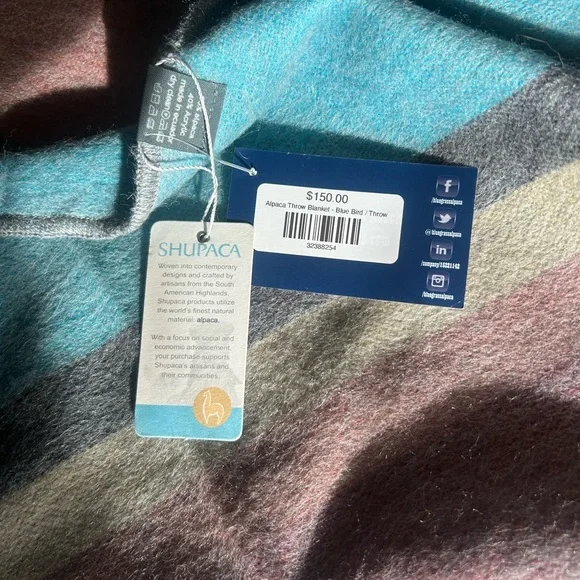 NWT Shupaca Blue Bird Striped Multicolor Throw Blanket Alpaca blend - Picture 6 of 7